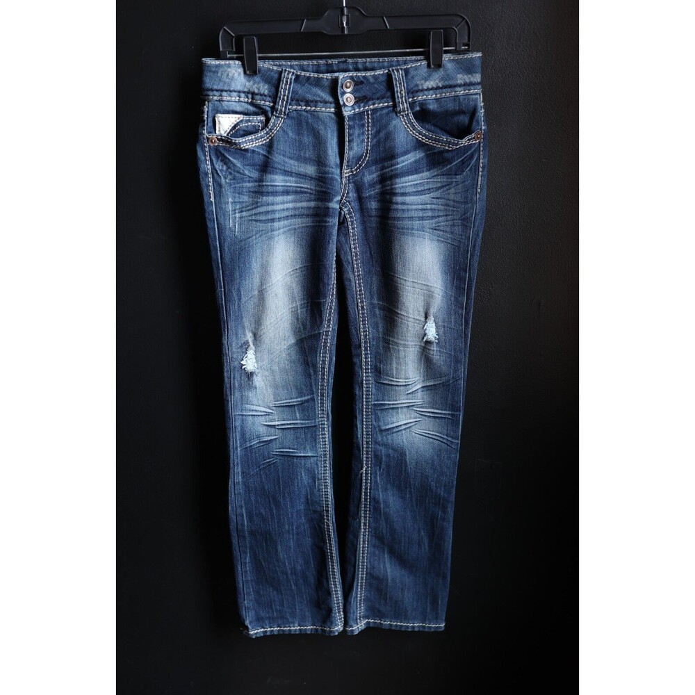 YMI Dark Wash Low Rise Y2K Denim Distressed Jeans Icon Bootcut Size 7